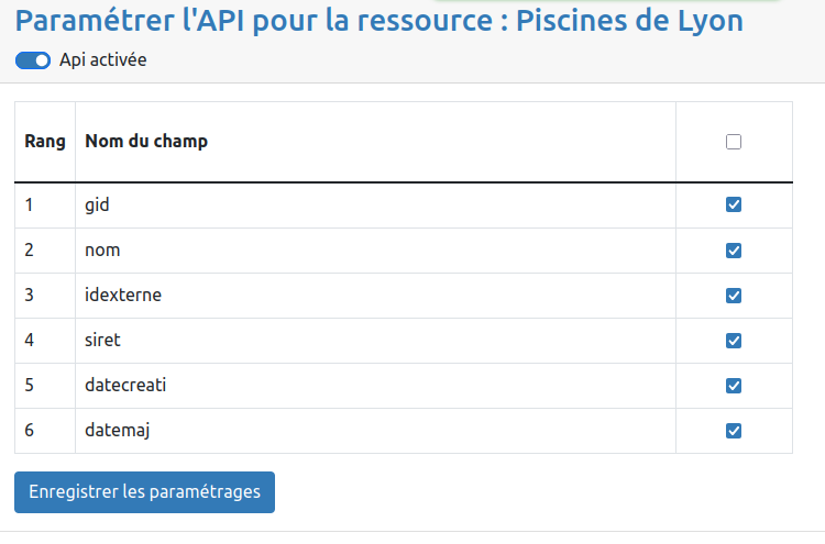 Fenêtre de paramétrage de l'API